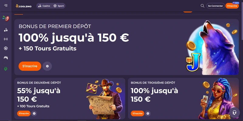 Capture d'écran bonus de bienvenue Coolzino