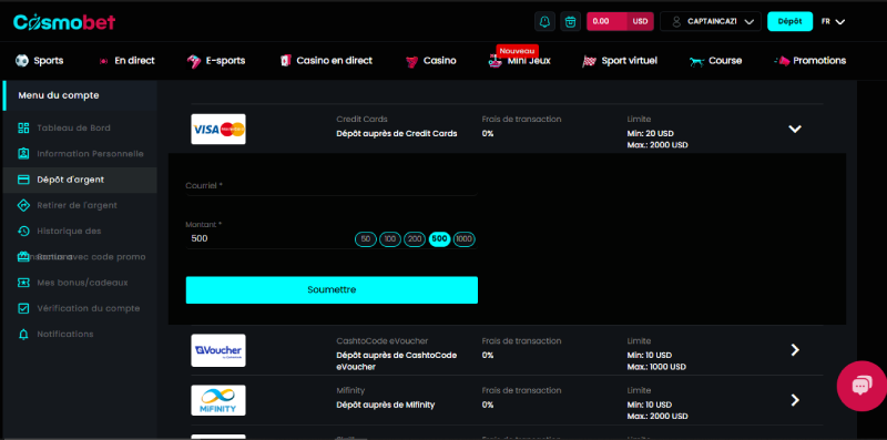 capture decran depot cosmobet