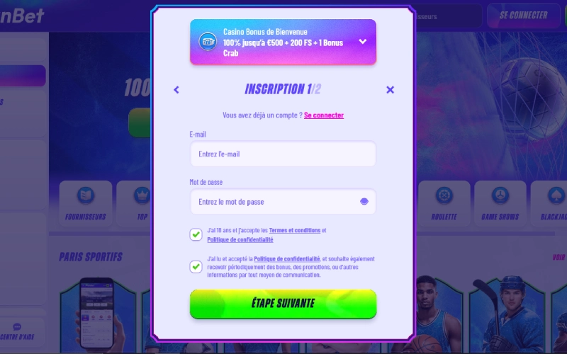 inscription étape 3 funbet casino