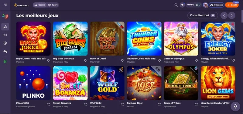 Capture d'écran des jeux de casino sur Coolzino