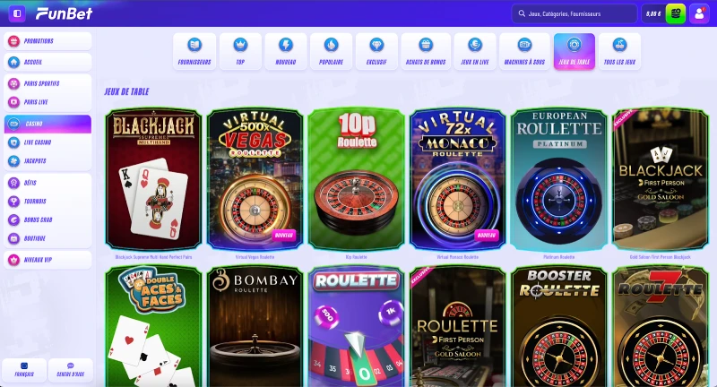 un large choix de jeux de table vous promet des moments divertissants funbet casino