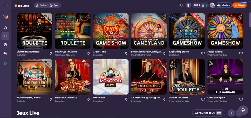 Capture d'écran des jeux live sur Coolzino