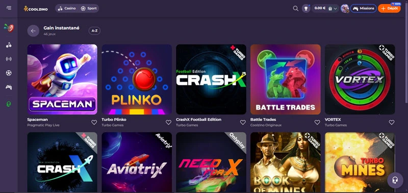 Capture d'écran des mini jeux sur Coolzino