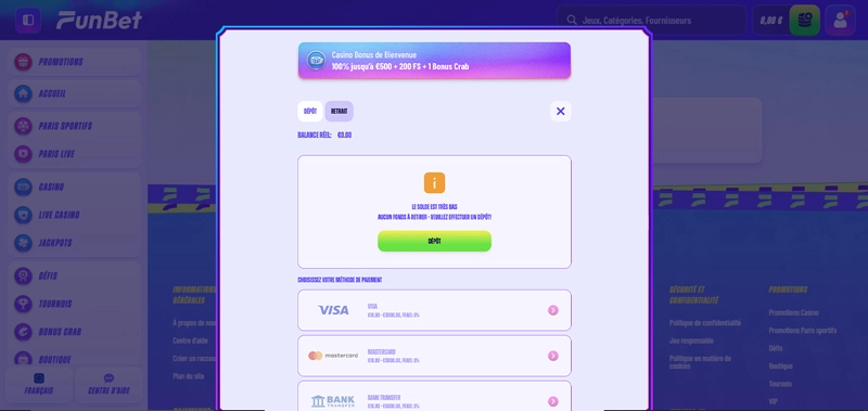funbet casino le menu retrait