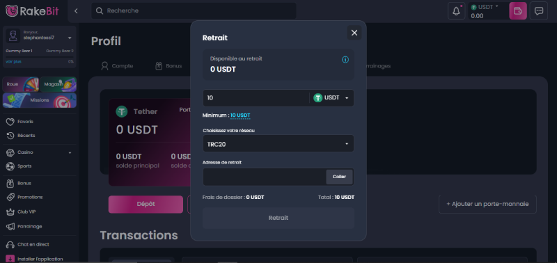 rakebit casino le menu retrait