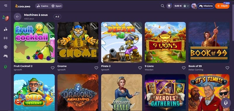 Capture d'écran machines à sous sur Coolzino