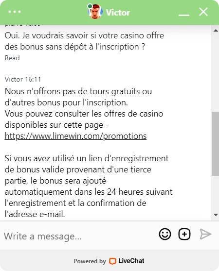 live chat bonus sans dépôt limewin