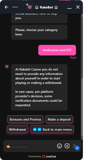live chat verification rakebit casino