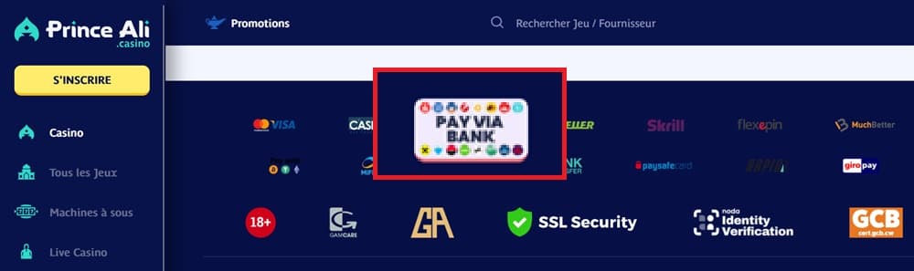 Virement bancaire sur Prince Ali Casino