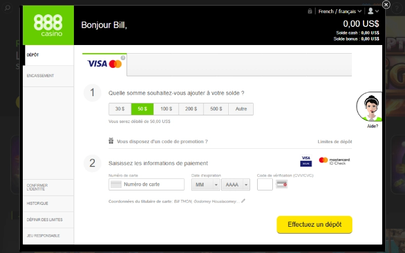 888 Casino : Le menu Dépôt