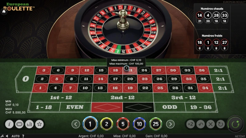 Capture d'écran roulette européenne Netent