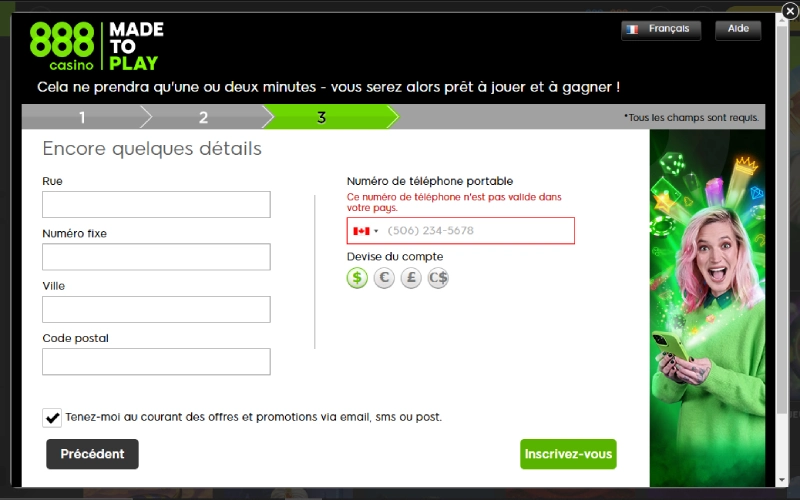 inscription sur 888 casino étape 4