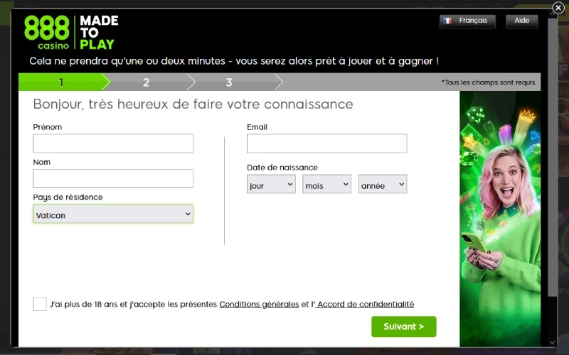 inscription sur 888 casino