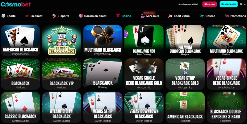 capture decran jeux de table cosmobet casino