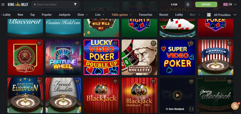 Capture d'écran des jeux de table sur King Billy