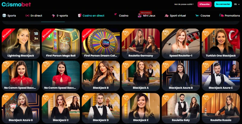 capture decran jeux live cosmobet casino