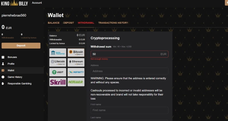 Capture d'écran de la page des retraits sur King Billy