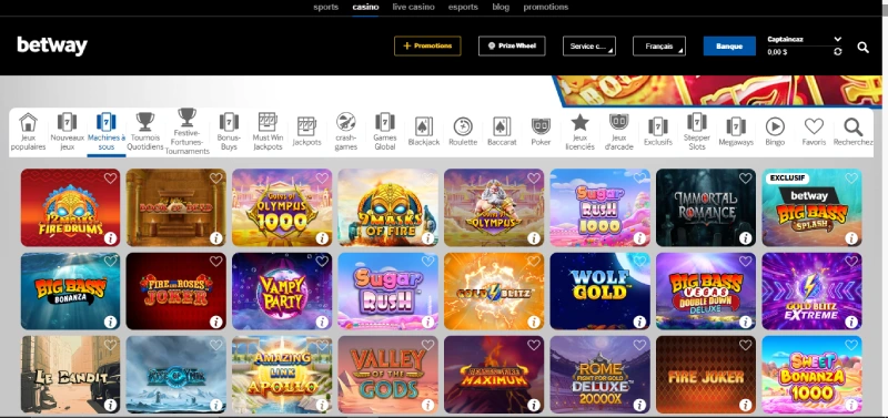 une large collection de machines à sous betway
