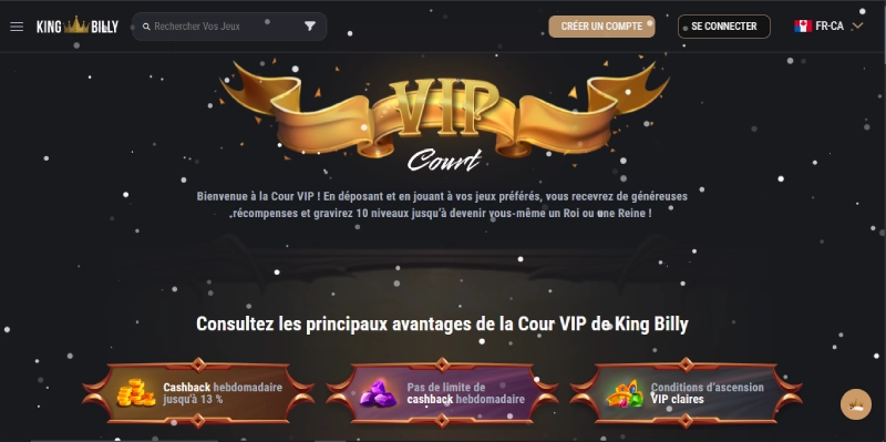Capture d'écran du programme VIP de King Billy