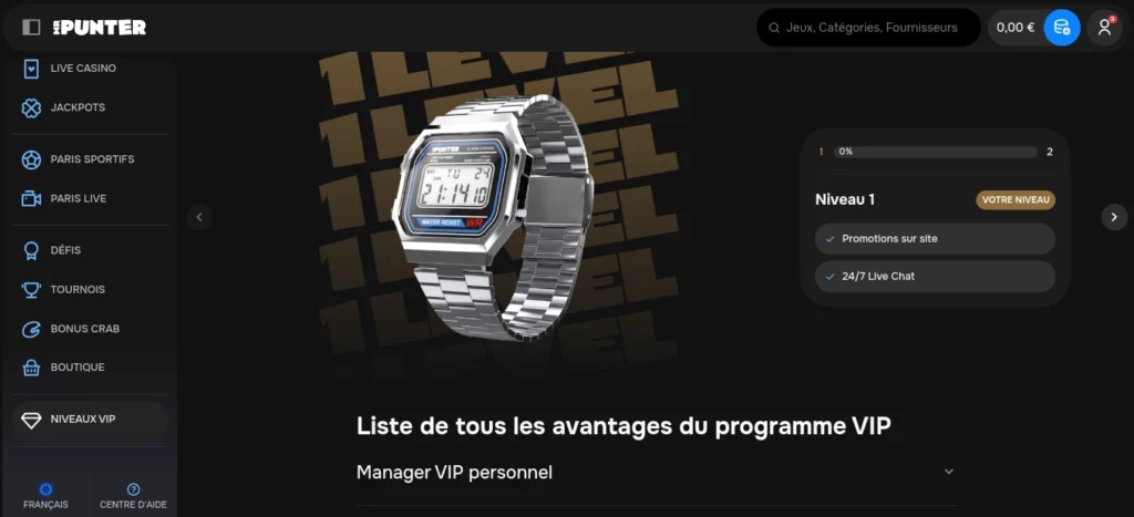 Illustration du programme VIP (1er niveau) sur Mr Punter Casino