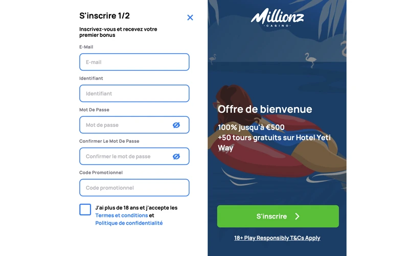 utiliser le code promo millionz casino étape 1