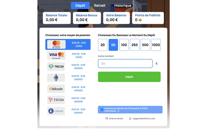 utiliser le code promo millionz casino étape 2