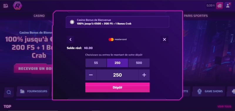 Roby Casino : Le menu dépôt
