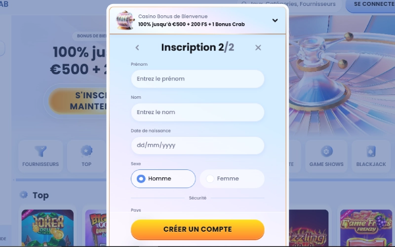 capture decran inscription casinolab etape3