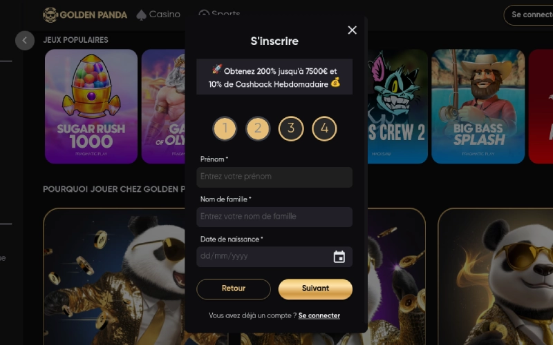capture écran inscription golden panda casino étape 4