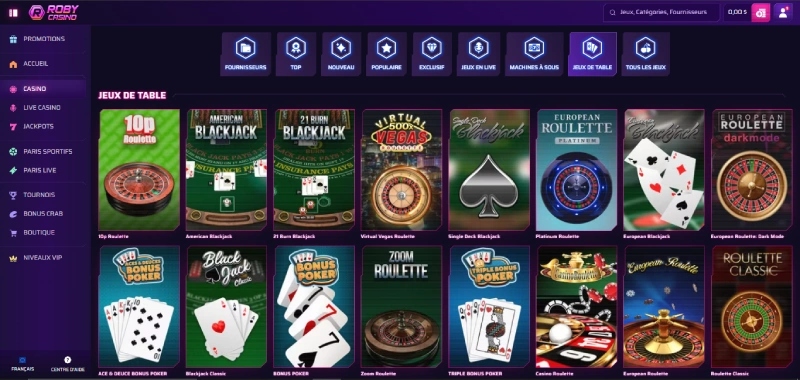 capture d'écran jeux de table roby casino