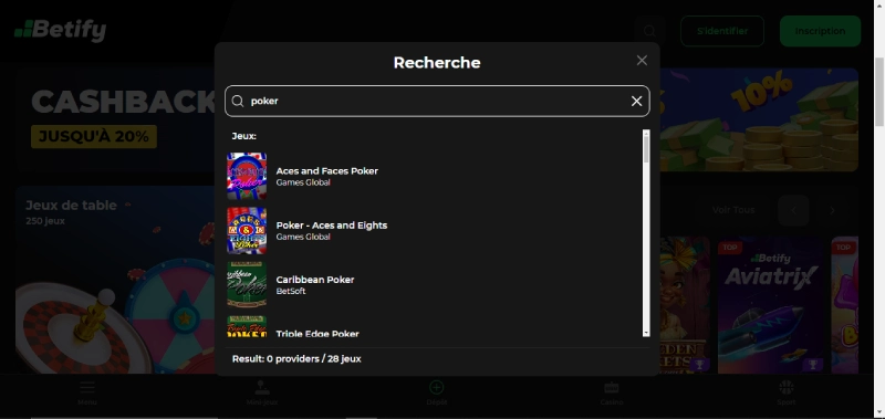 capture d'écran jouer poker betify casino