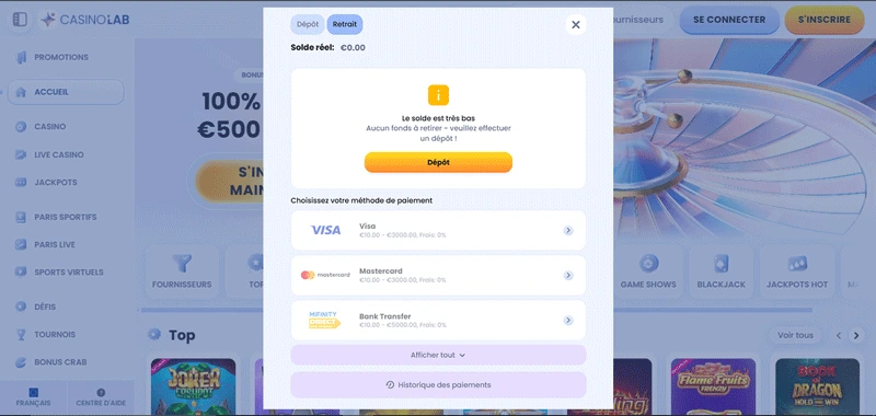 capture decran retrait casinolab 