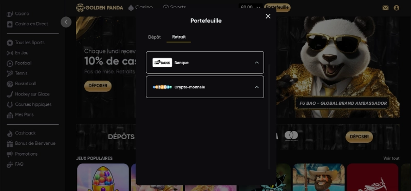 retrait golden panda casino