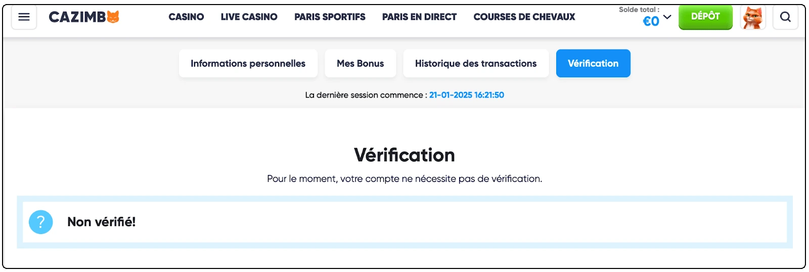 capture d'écran vérification cazimbo casino