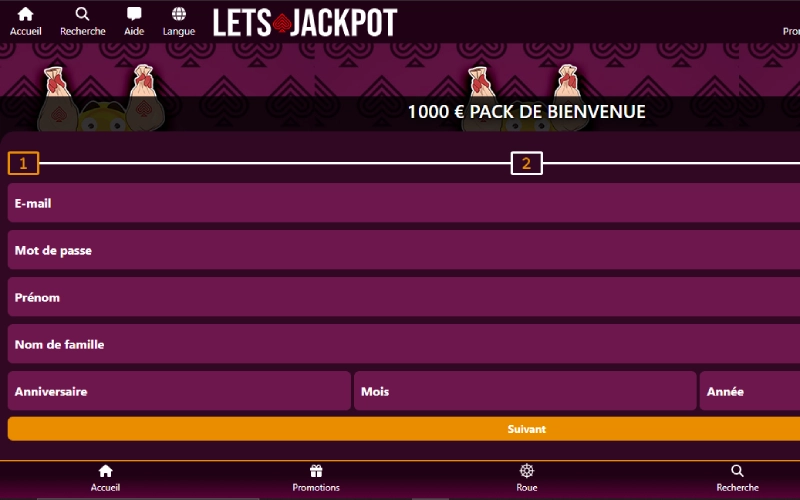 Inscription étape 2 Lets Jackpot