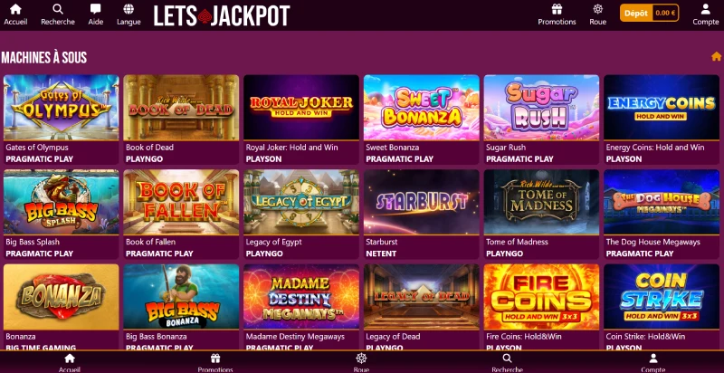 Capture d'écran des slots sur Let's Jackpot