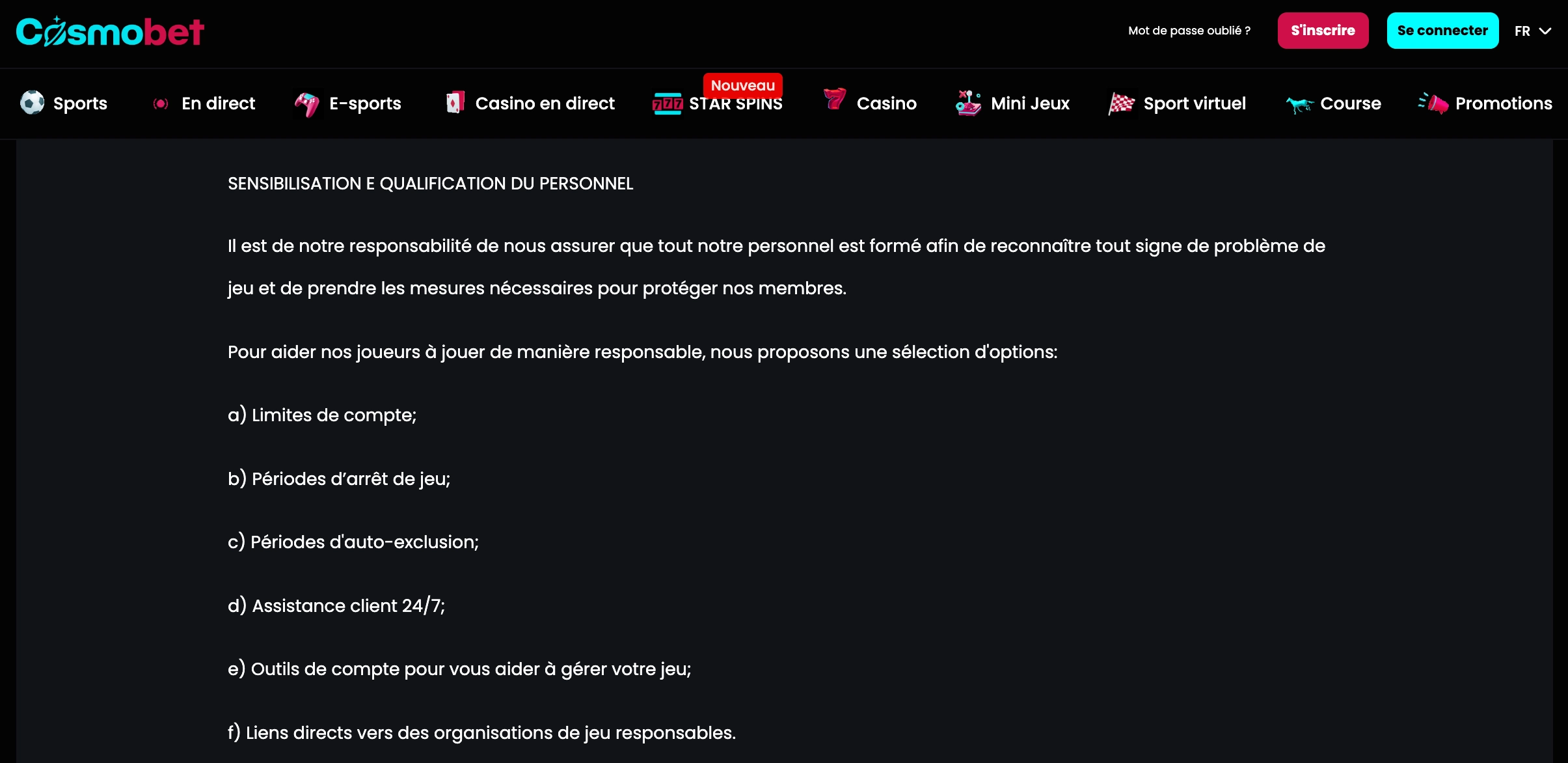 Jeu responsable sur Cosmobet Casino