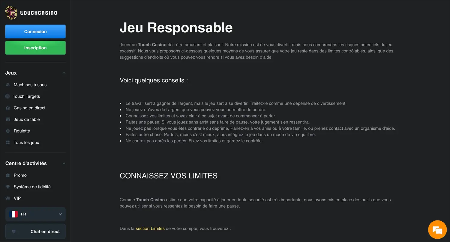 jeu responsable sur touch casino