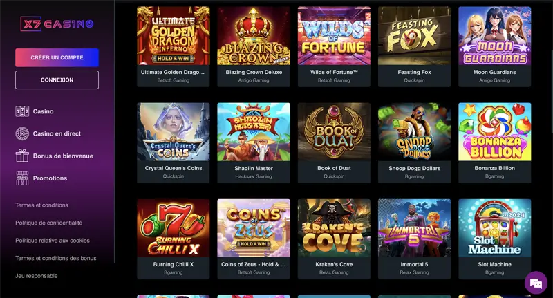 jeux disponibles au x7 casino