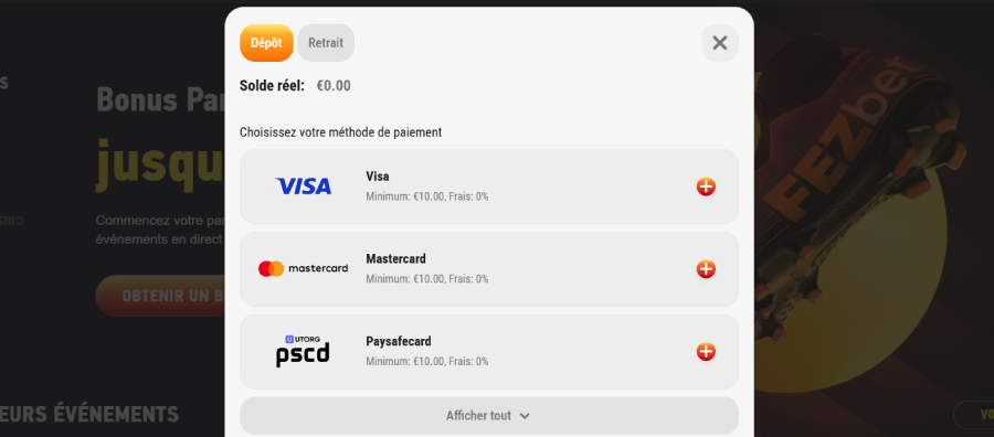 Faire un dépôt sur Fezbet Casino étape 3