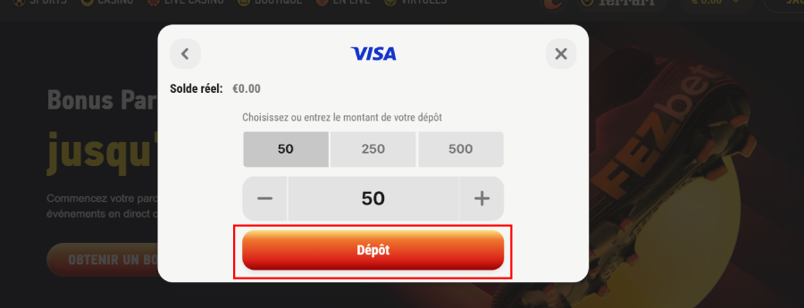 Faire un dépôt sur Fezbet Casino étape 4Faire un dépôt sur Fezbet Casino étape 4