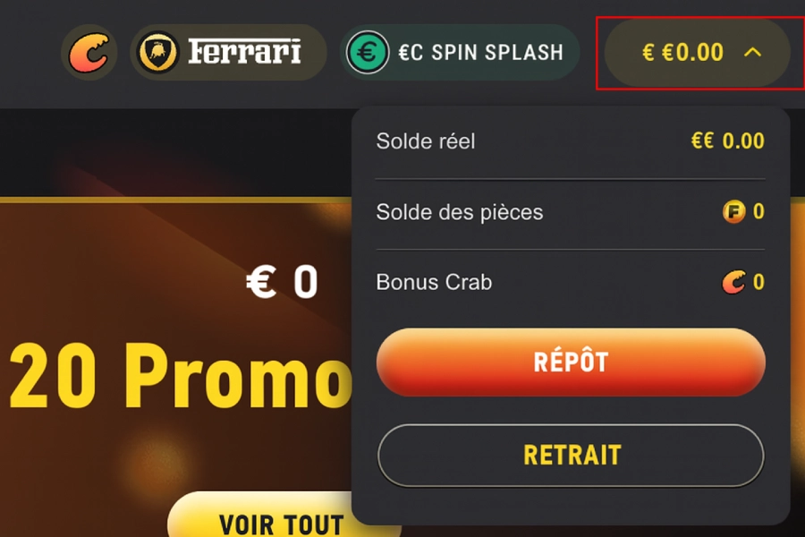 Faire un retrait sur Fezbet Casino étape 1