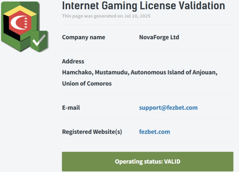 Licence de Fezbet Casino