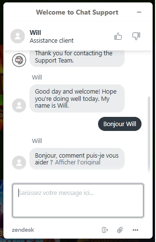 Capture d'écran sur Live Chat sur Spin Million Casino