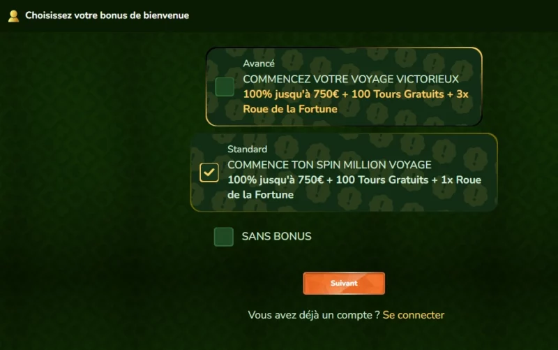 Troisième étape d'inscription sur Spin Million Casino
