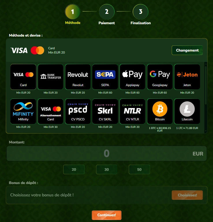 Menu dépôts sur Spin Million Casino