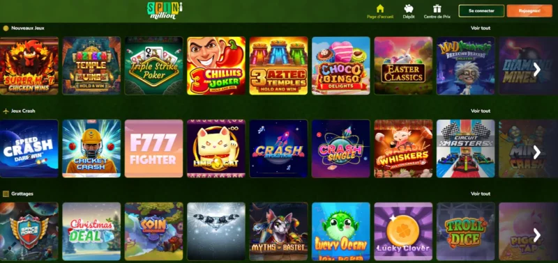 Page jeux sur Spin Million Casino