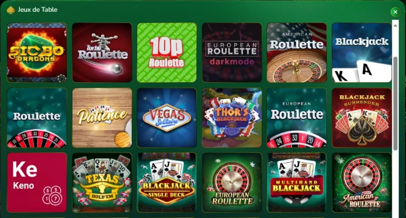 Page des jeux de table sur Spin Million Casino
