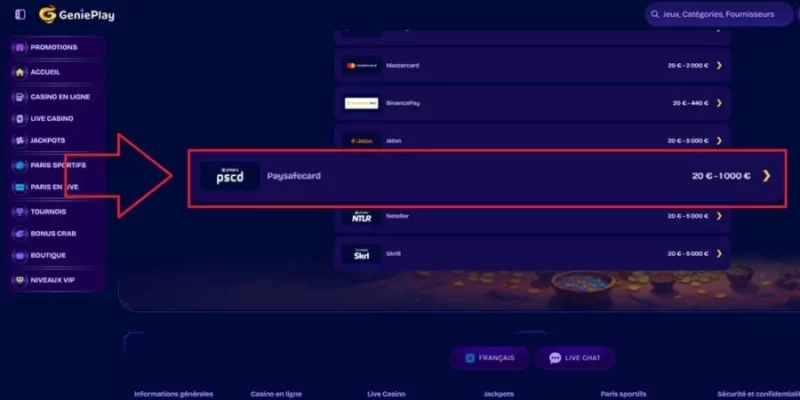 Paysafecard sur GeniePlay Casino