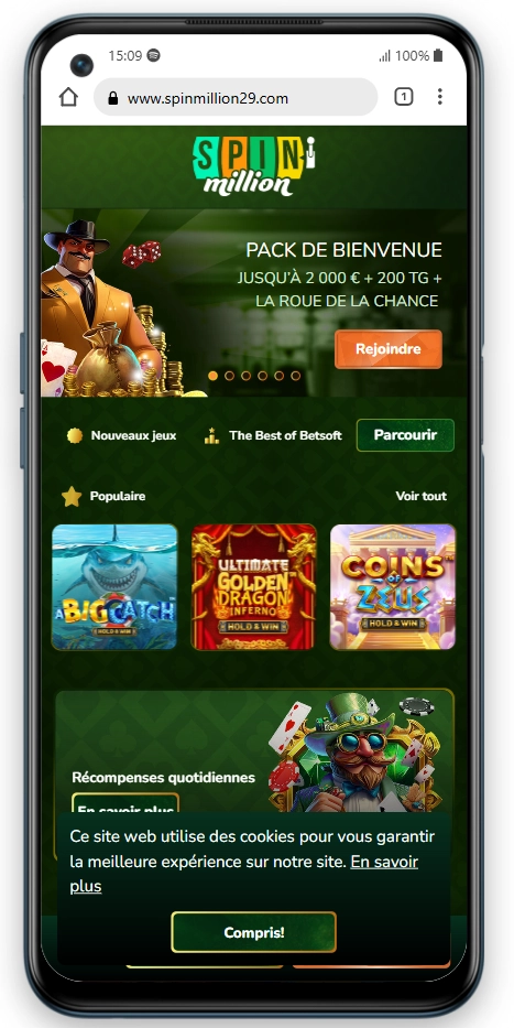 Interface de Spin Million Casino sur mobile